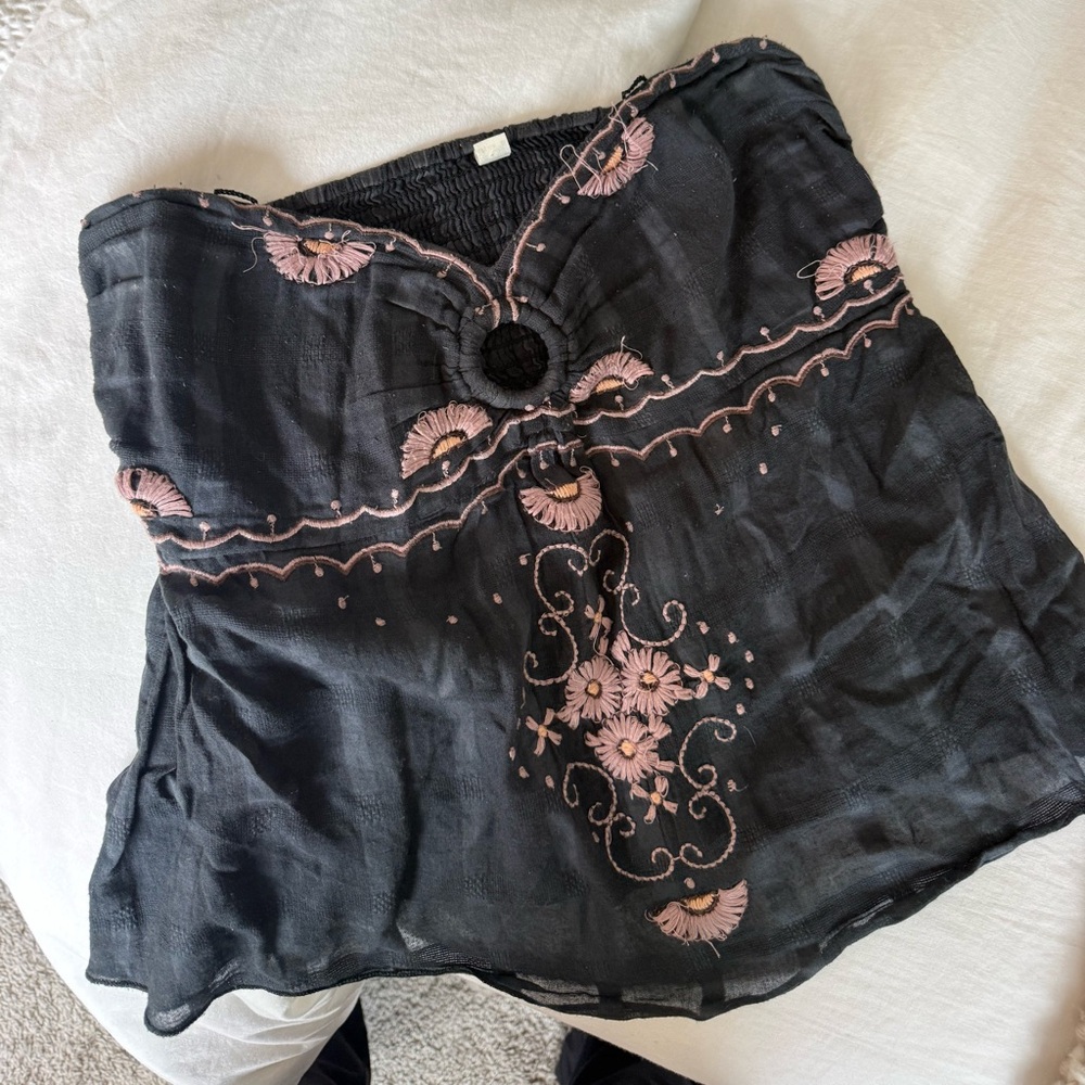 Free People Black Strapless Tube Top with Pink Embroidery